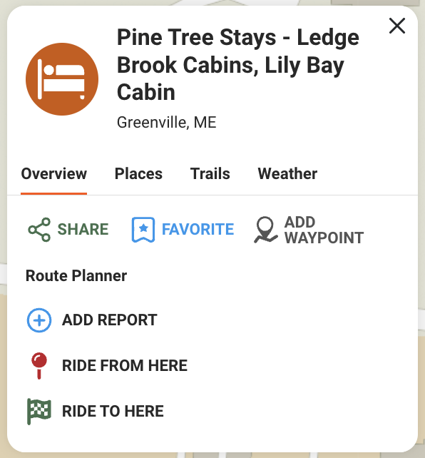 Pine Tree Stays - Ledge Brook Cabins, Lily Bay Cabin Waypoint Card